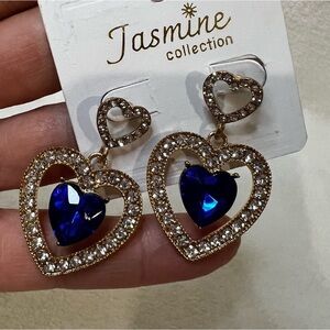 Blue Heart Earrings Fashion Gold Tone Pierced